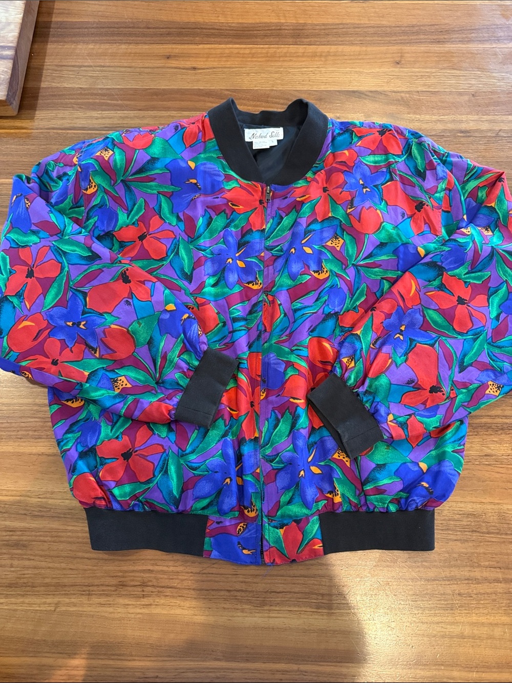 Vintage Naked Silk Silk Bomber Jacket pockets floral print Full Zip Sz l